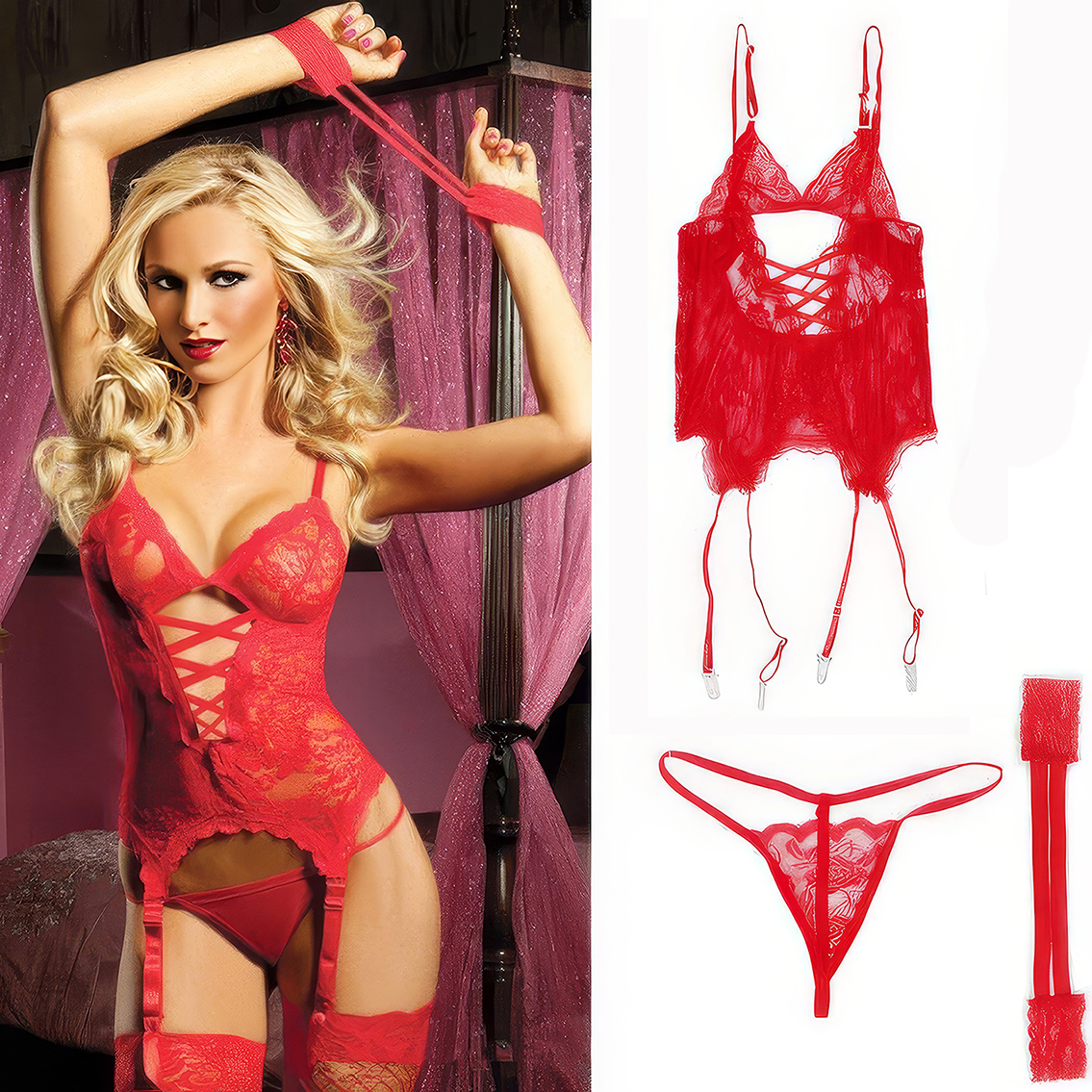 Кружевной корсет с подвязками We Love трусики и наручники 2XL Красный (2XL_red_DLSC0147)