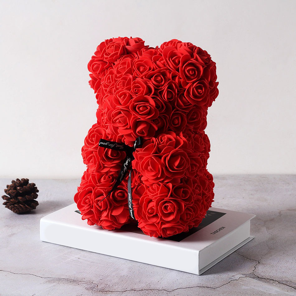 Ведмедик із червоних троянд 25 см у подарунковій коробці 3D Teddy Flower Оригінальний подарунок дівчині у подарунковій упаковці Червоний+Кулон I love you