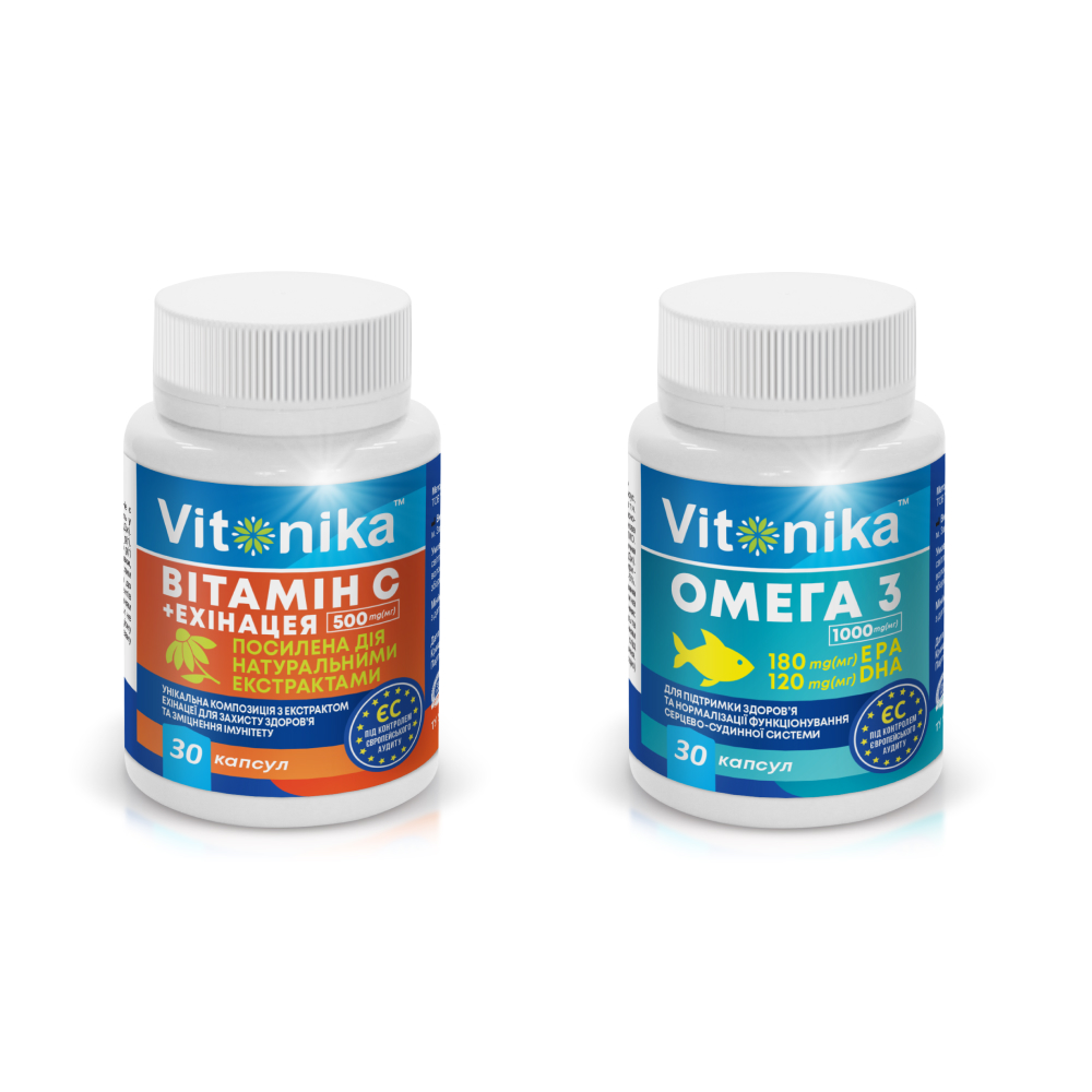 Вітамін С+Ехінацея Vitonika 500 мг у капсулах No30 + Vitonika ОМЕГА-3 180 EPA/120 DHA No30