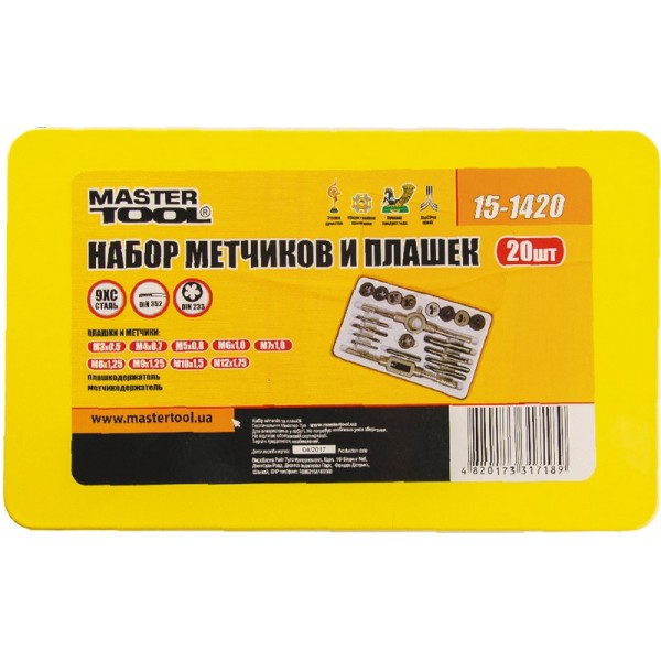 Набор метчиков и плашек MASTERTOOL 20 эл. М3х0.5 мм/М4х0.7 мм/М5х0.8 мм/М6х1.0 мм/М7х1.0 мм/М8х1.25 мм/М9х1.25 мм/М10х1.5 мм/М12х1.75 мм 15-1420