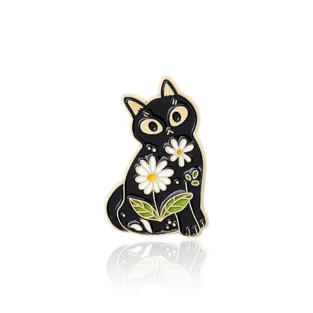 Брошь-значок BROCHE Кот с ромашками чёрная BRGV111577