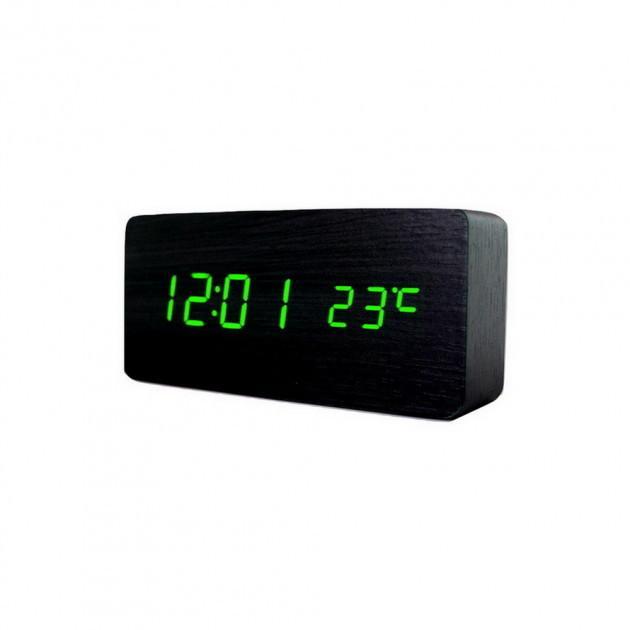 Настольные часы ART-862 от сети + батарейки часы-будильник, дата, температура 16х8х5см Черный-Зеленый