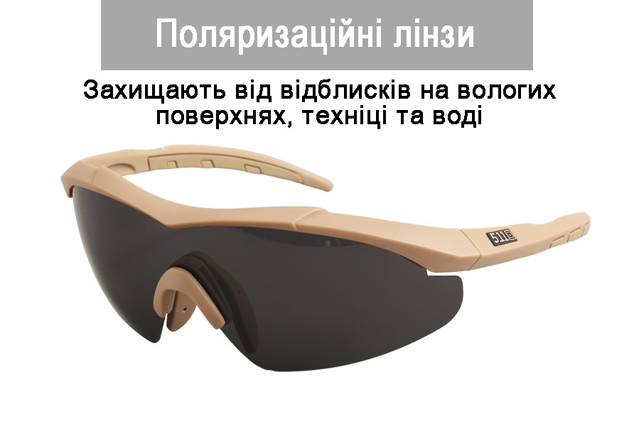 Тактические Очки 5.11 Tactical Aileron Shield с 3 линзами койот оправа с поляризацией