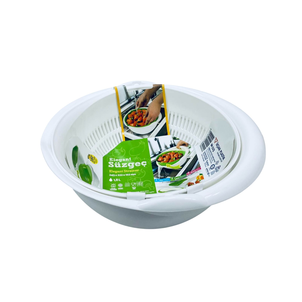 Дуршлаг с миской Ucsan Plastik M-223 24,3х22,2х10,2 см 1,8 л Белый