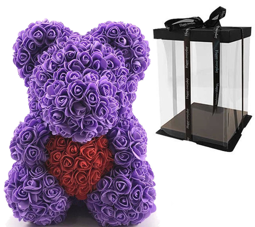 Ведмедик із троянд із серцем 40 см у подарунковій коробці 3D Teddy Flower Оригінальний подарунок дівчині у подарунковій упаковці Фіолетовий+Кулон I love you