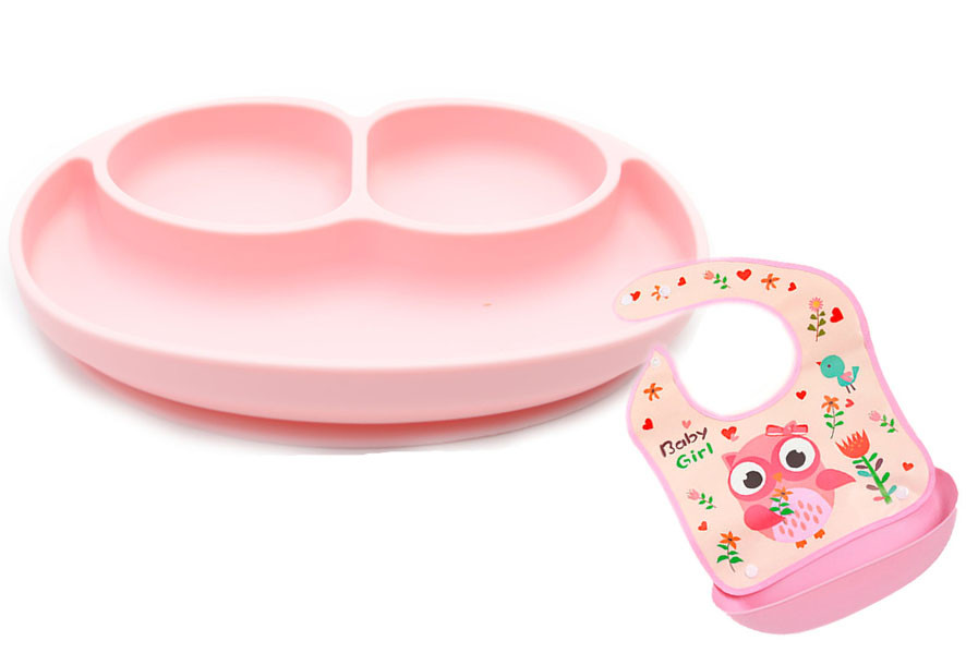 Набор силиконовая тарелка коврик для кормления ребенка 22х15 см и слюнявчик ПВХ Розовый (vol-1071)