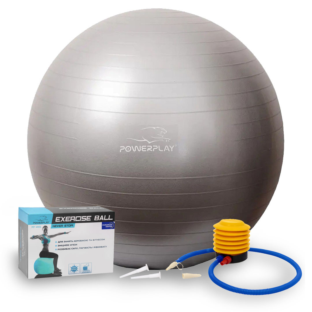 М'яч для фітнесу фітбол PowerPlay 4001 75 см Gyмball Сріблястий помпа