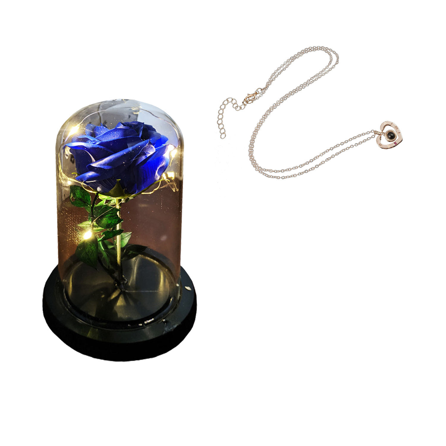 Роза в колбе под стеклянным куполом яркая с подсветкой Rose of Love LED вечная роза 16см Blue + Кулон