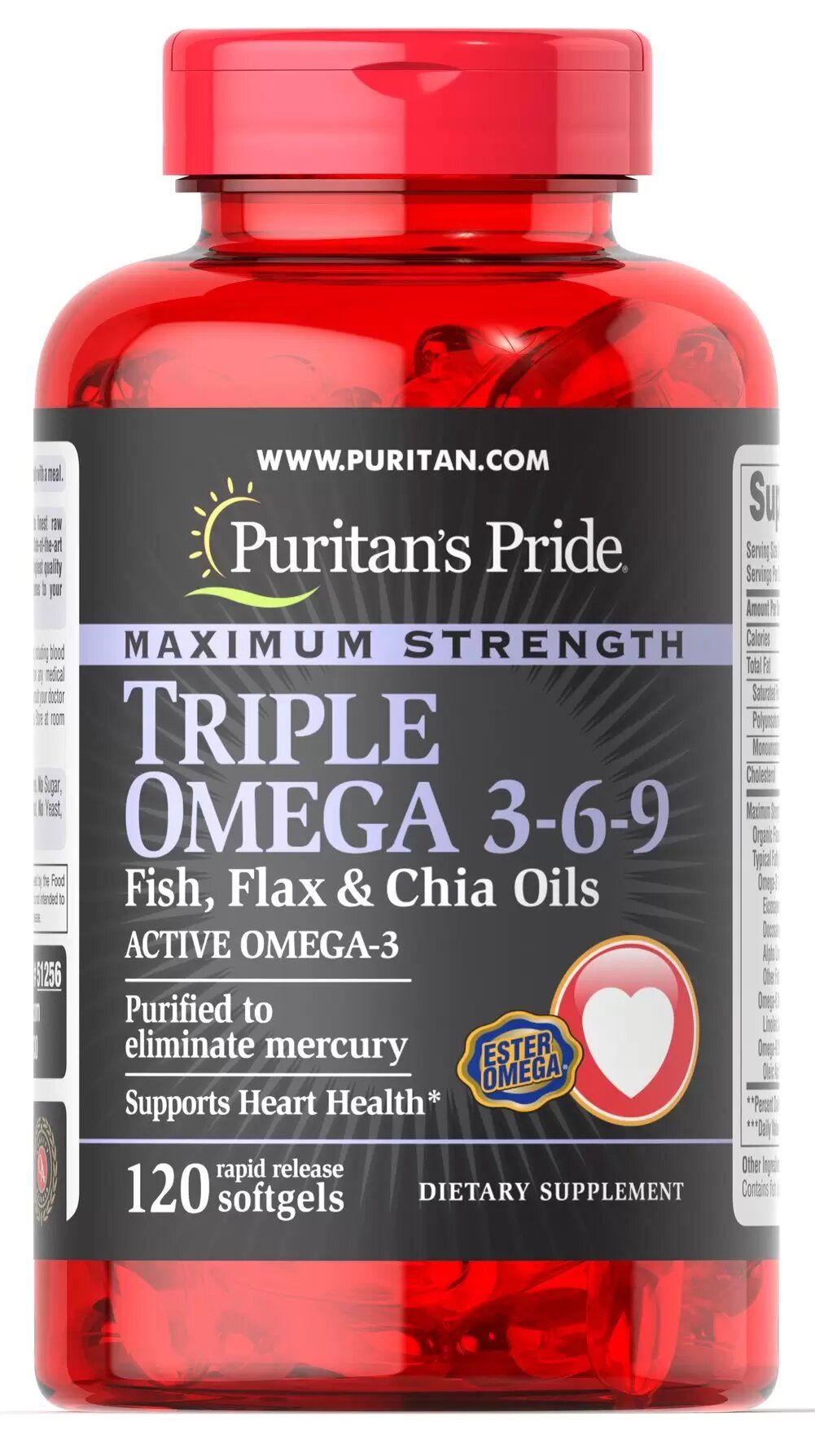 Triple Omega 3-6-9 Puritan's Pride с рыбьим жиром льняным маслом и маслом чиа 120 гелевых капсул
