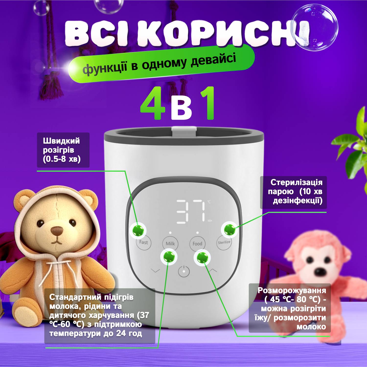 Подогреватель для детского питания А1 4в1 с функцией стерилизации бутылочек Белый (Baby4-Wh)