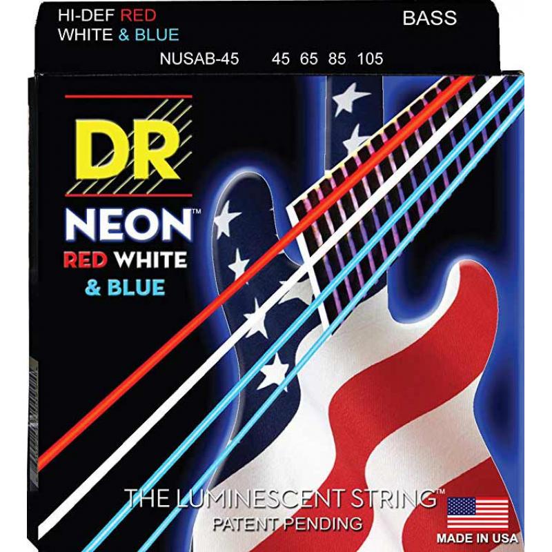 Струны для бас-гитары DR NUSAB-45 Hi-Def Neon Red White  Blue K3 Coated Medium Bass Guitar 4 Strings 45/105