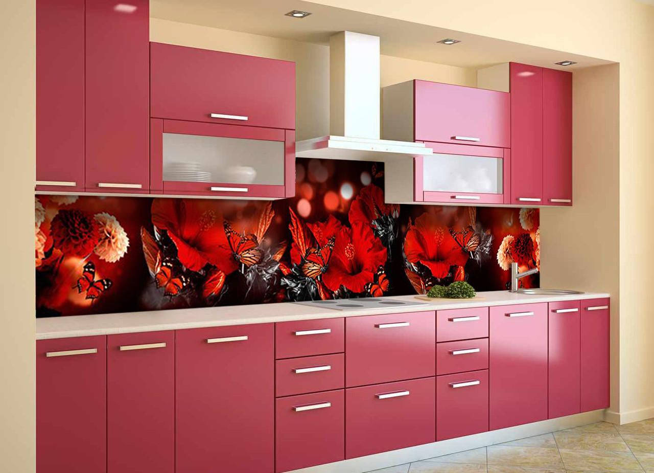 Наклейка на скинали Zatarga на кухню «Красные цветы и бабочки мотыльки» 600х2500 мм виниловая 3Д наклейка кухонный фартук Z180373