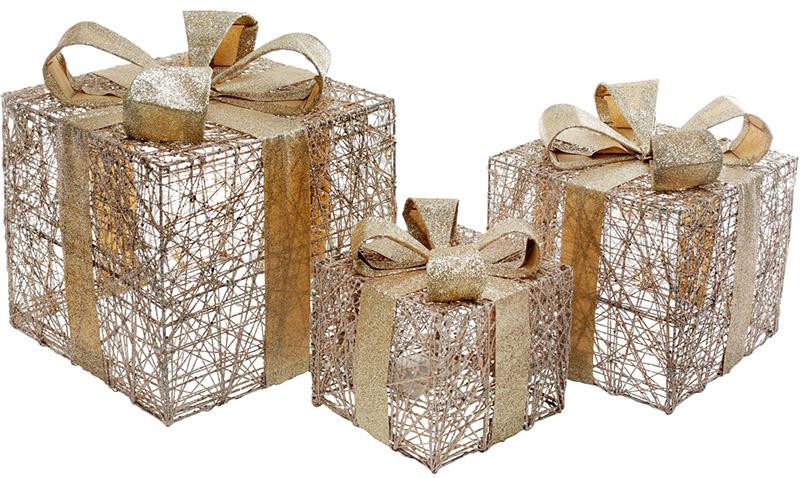 Набір декоративних подарунків - 3 коробки 15х20см, 20х25см, 25х30см з LED-підсвіткою, шампань з золотом BonaDi DP69606