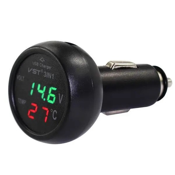 Автомобильный вольтметр с термометром + USB зарядка VST 706 от прикуривателя Black/Green (10699-hbr)