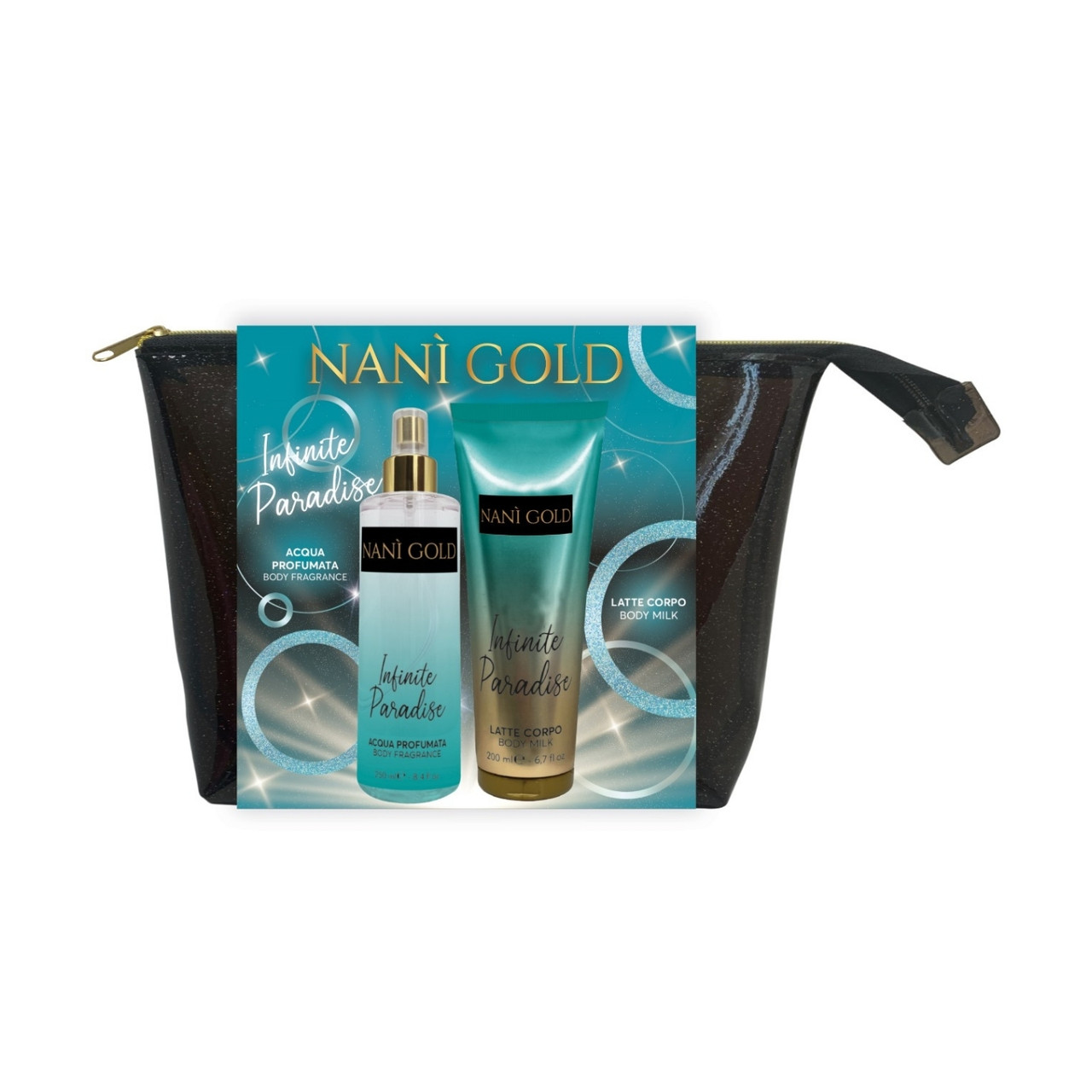 Набор подарочный Nani Gold Infinite Paradise спрей 250мл молочко 200мл косметичка