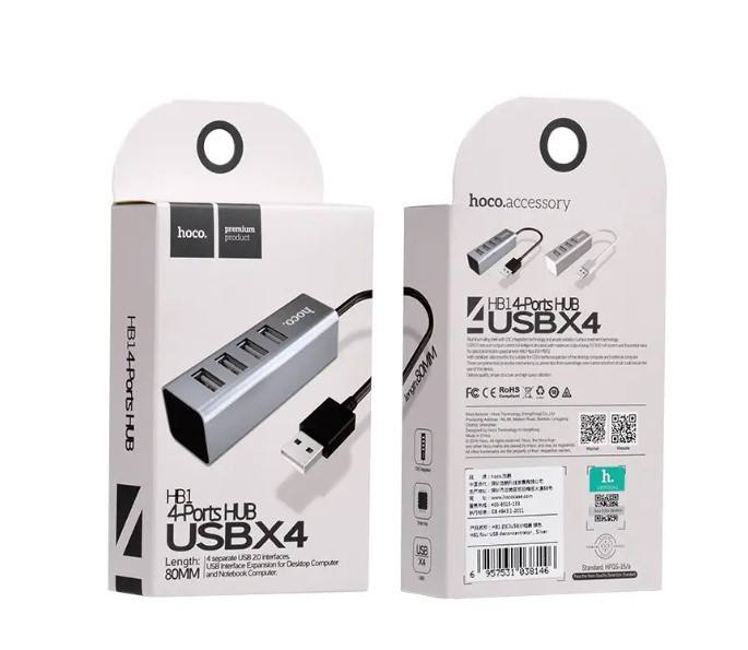 USB hub на 4 USB порта Hoco HB1 серый