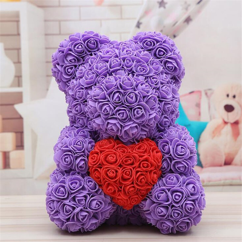 Ведмедик із троянд із серцем 40 см у подарунковій коробці 3D Teddy Flower Оригінальний подарунок дівчині у подарунковій упаковці Фіолетовий