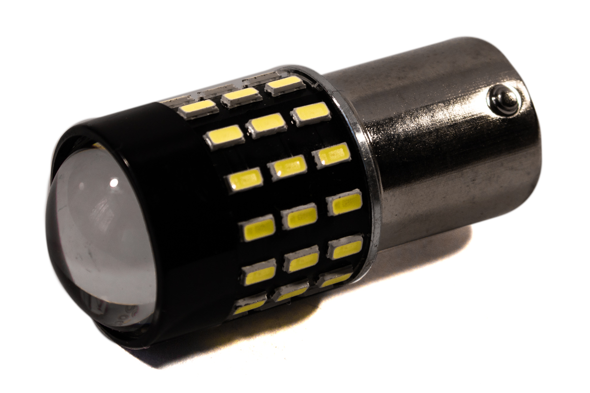 Светодиодная лампа AllLight T25 54 диода 3014 BA15S 12V с линзой + драйвер