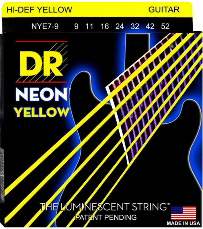 Струни для електрогітари DR NYE7-9 Hi-Def Neon Yellow K3 Coated Light 7-String Electric Guitar 9/52