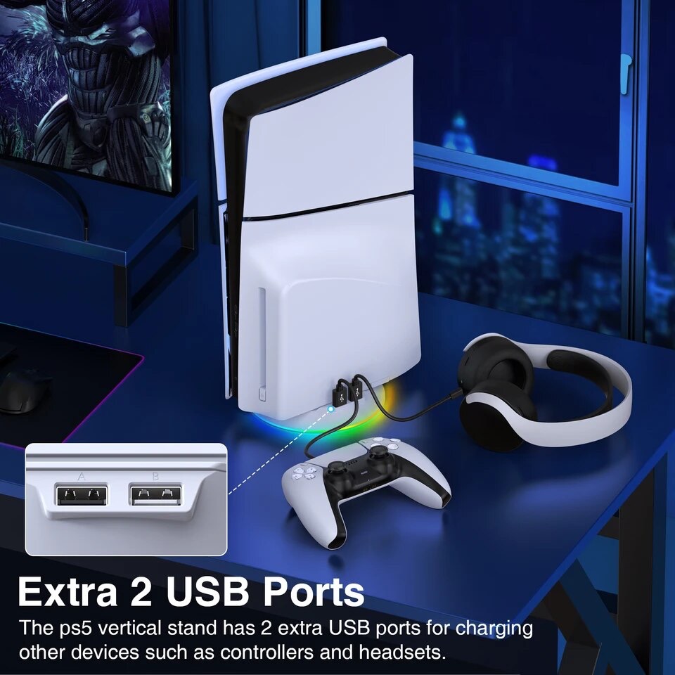 Вертикальный стенд BebonCool для Sony PlayStation PS5 Slim с RGB подсветкой и 2 USB Hub Белый