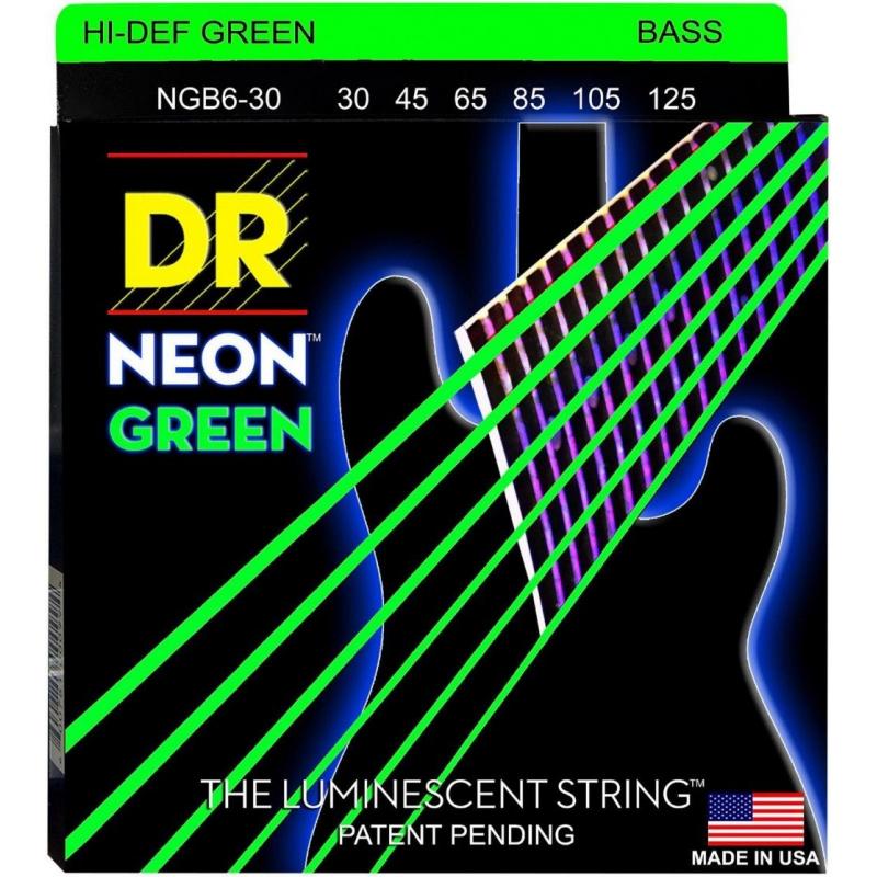 Струни для бас-гітари DR NGB6-30 Hi-Def Neon Green K3 Coated Medium Bass Guitar 6 strings 30/125