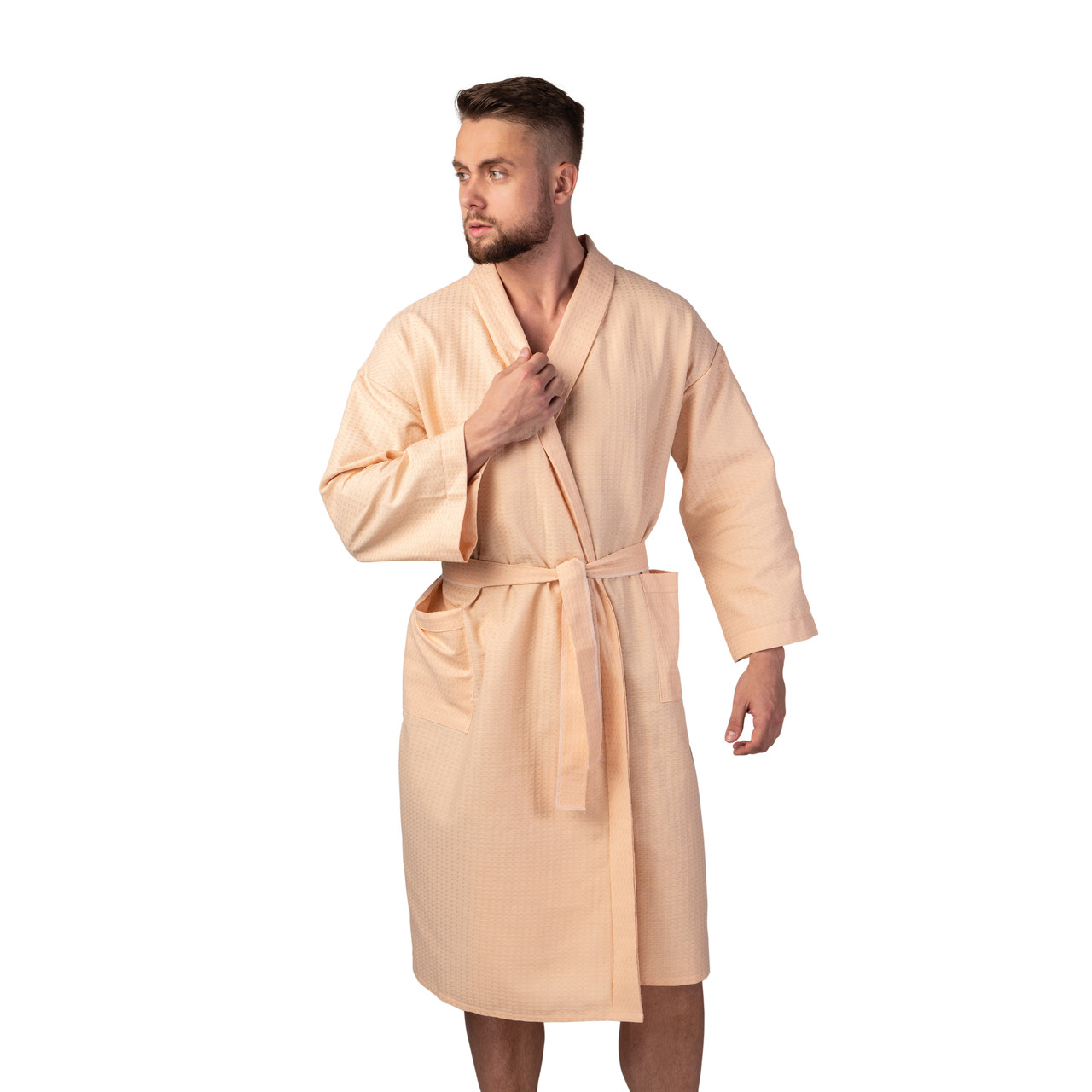 Вафельний халат Luxyart Кімоно розмір (54-56) XL 100% бавовна Персикова (LS-0420)