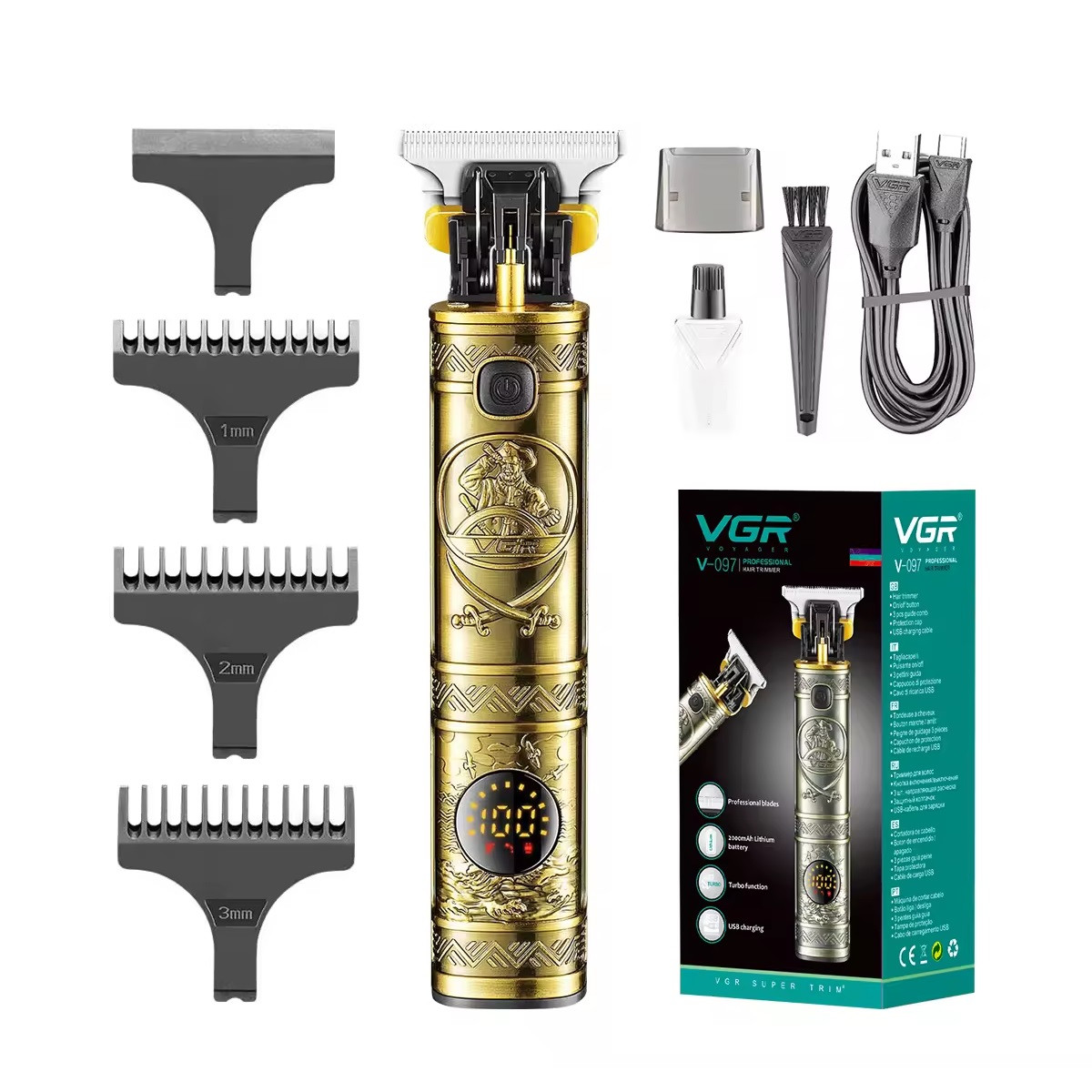 Триммер аккумуляторный для бороды и волос VGR V-097 с LED дисплеем Gold