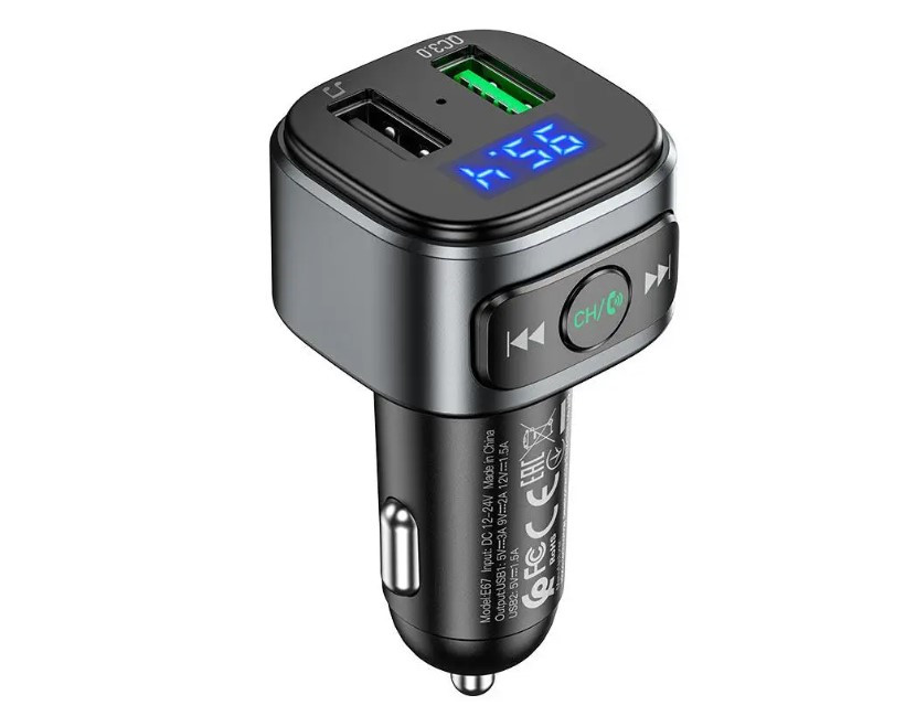 Автомобильный FM модулятор трансмиттер Hoco E67 BT5.0/2USB/3A/QC с быстрой зарядкой