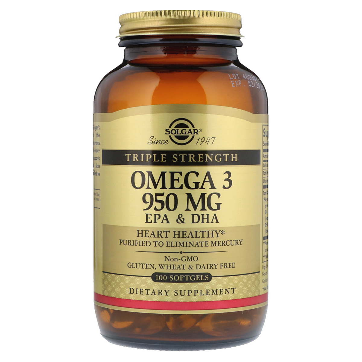 Риб'ячий Жир, Омега 3 (Omega-3 EPA, DHA), 950 мг, Потрійна Сила, Solgar, 100 желатинових капсул