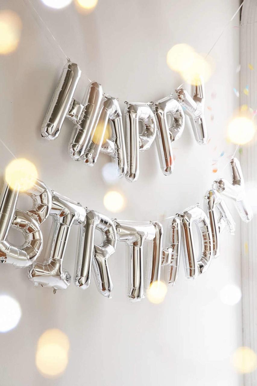 Фольгированные надувные шары буквы гирлянда Happy Birthday Silver BAF высота 40 см Серебристый