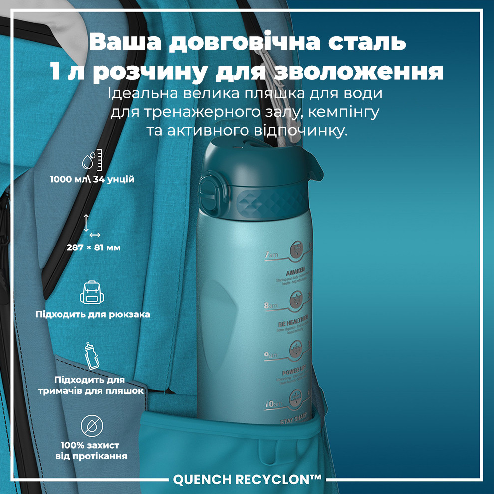 Пляшка для води ION8 BPA Free Times To Drink 1 л Teal Blue (I8RF1000PTBMOT)