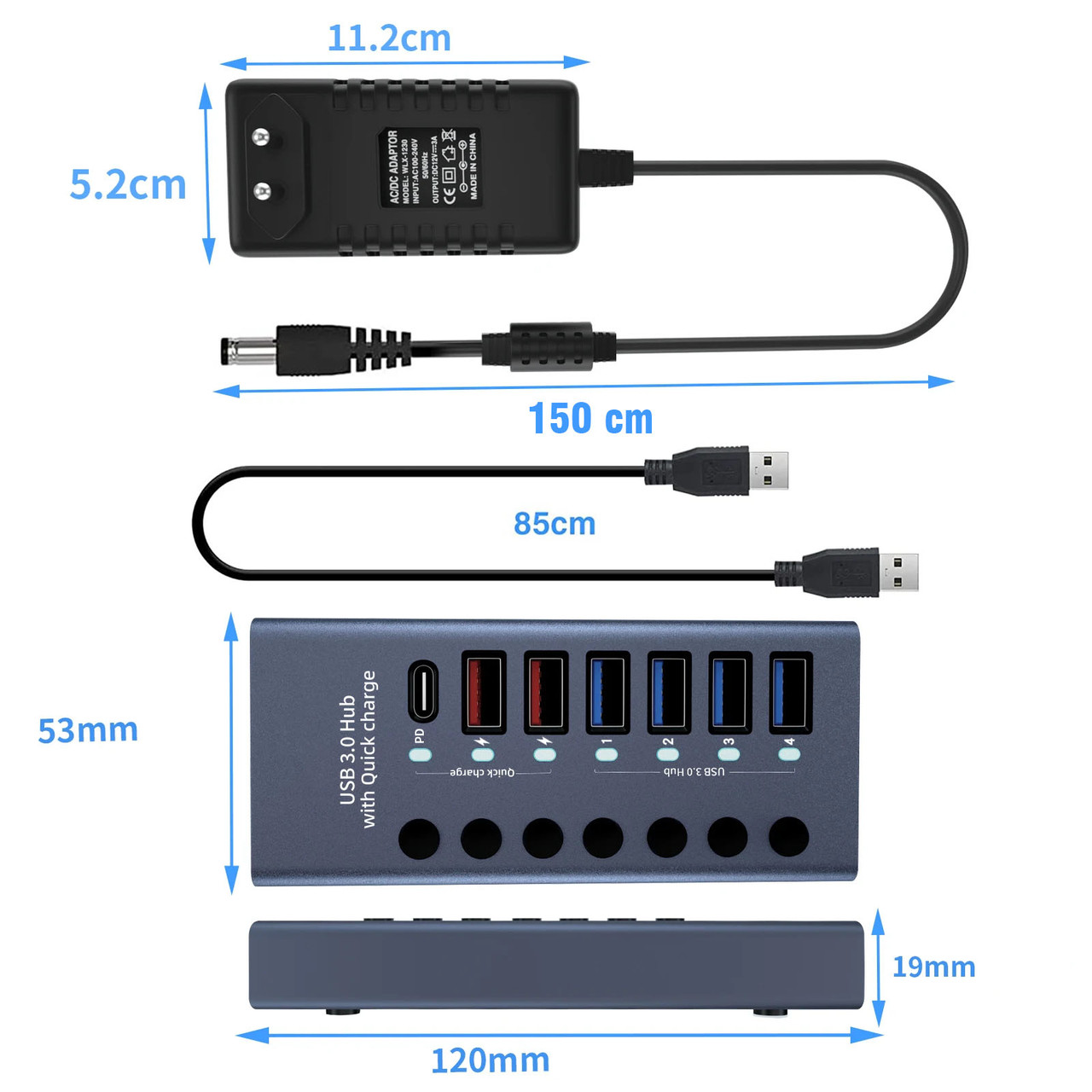 Концентратор Digital 7 Port USB 3.0 PD Серый (HUB985D)
