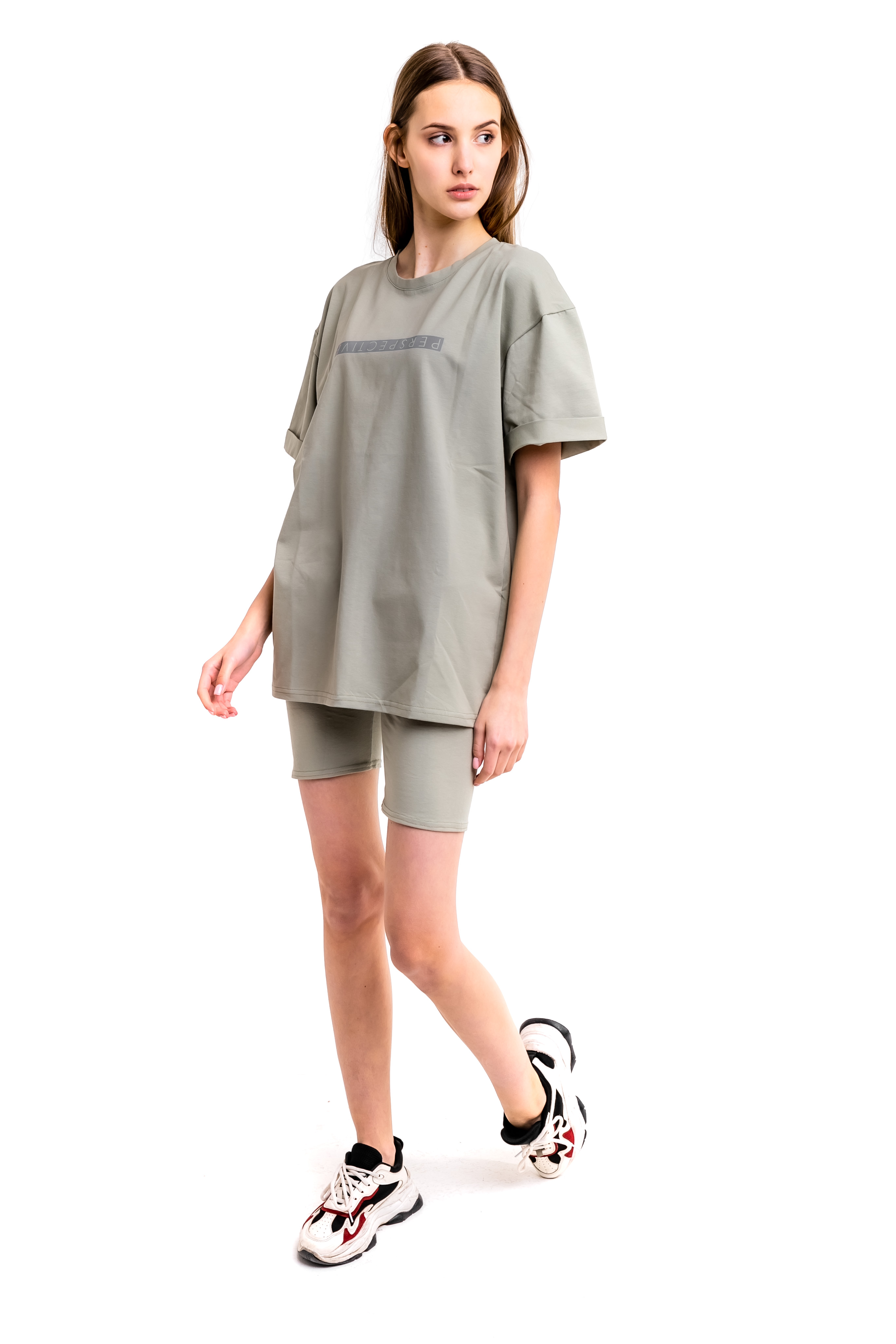 Жіночий костюм футболка + шорти Comfort S-M Оливковий з рефлективним принтом (1617191342 )