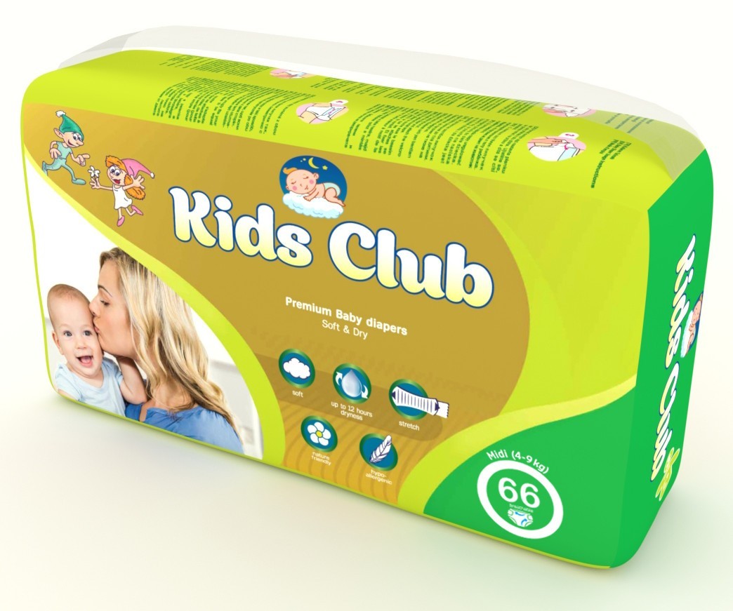 Дитячі підгузники Kids Club 3 Midi 4-9 кг 66 шт