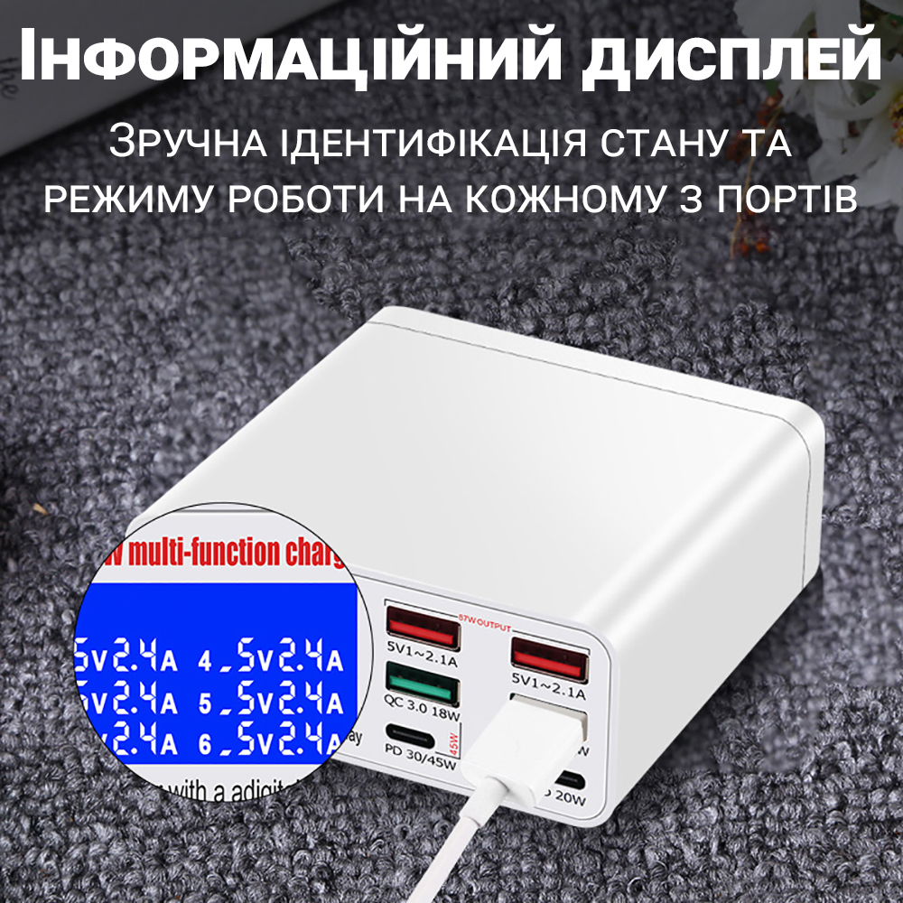 Зарядная станция с дисплеем на 6 портов Addap MCS-896P, мультизарядное устройство с 4×USB-A и 2×Type-C портами, 87W, Белая (0234)