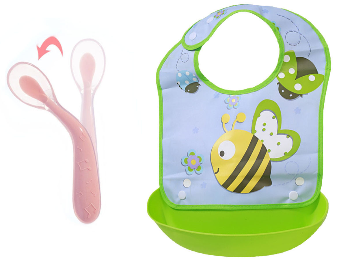 Набор Ложка силиконовая с удержанием формы изгиба для кормления ребенка Розовая и слюнявчик Пчела (n-802)