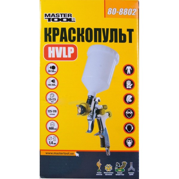 Краскопульт MASTERTOOL HVLP ВБ 600 мл пластик Ø1.8 мм 150-220 л/мин 3-4 бар тип А 80-8906
