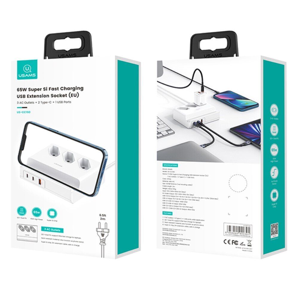 Сетевой фильтр Usams US-CC160 (CC160TC01) 3 розетки 1 USB 2 USB Type-C 65W 2 м White