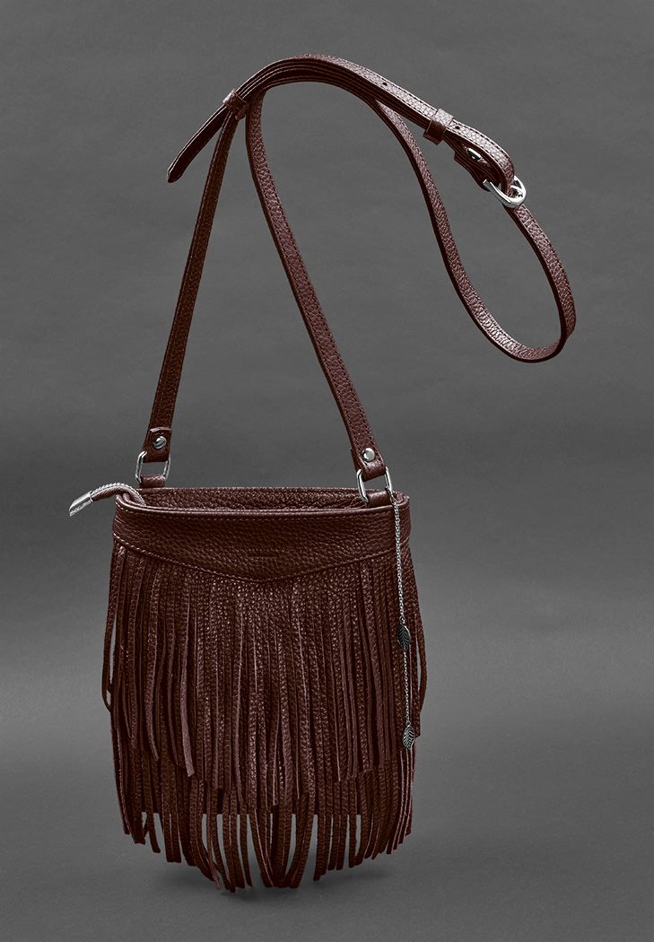 Шкіряна жіноча сумка з бахромою міні-кроссбоді Fleco бордова BlankNote