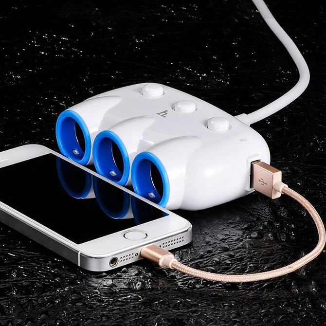 Розгалужувач прикурювача трійник + 2USB Koni HOCO C1, 3.1-12A білий