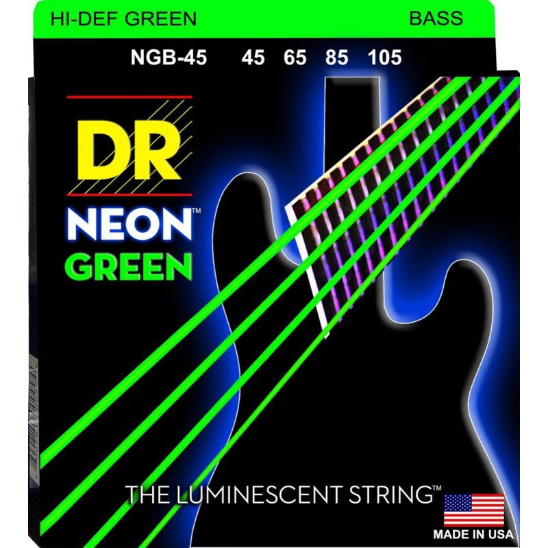Струни для бас-гітари DR NGB-45 Hi-Def Neon Green K3 Coated Medium Bass Guitar 4 Strings 45/105