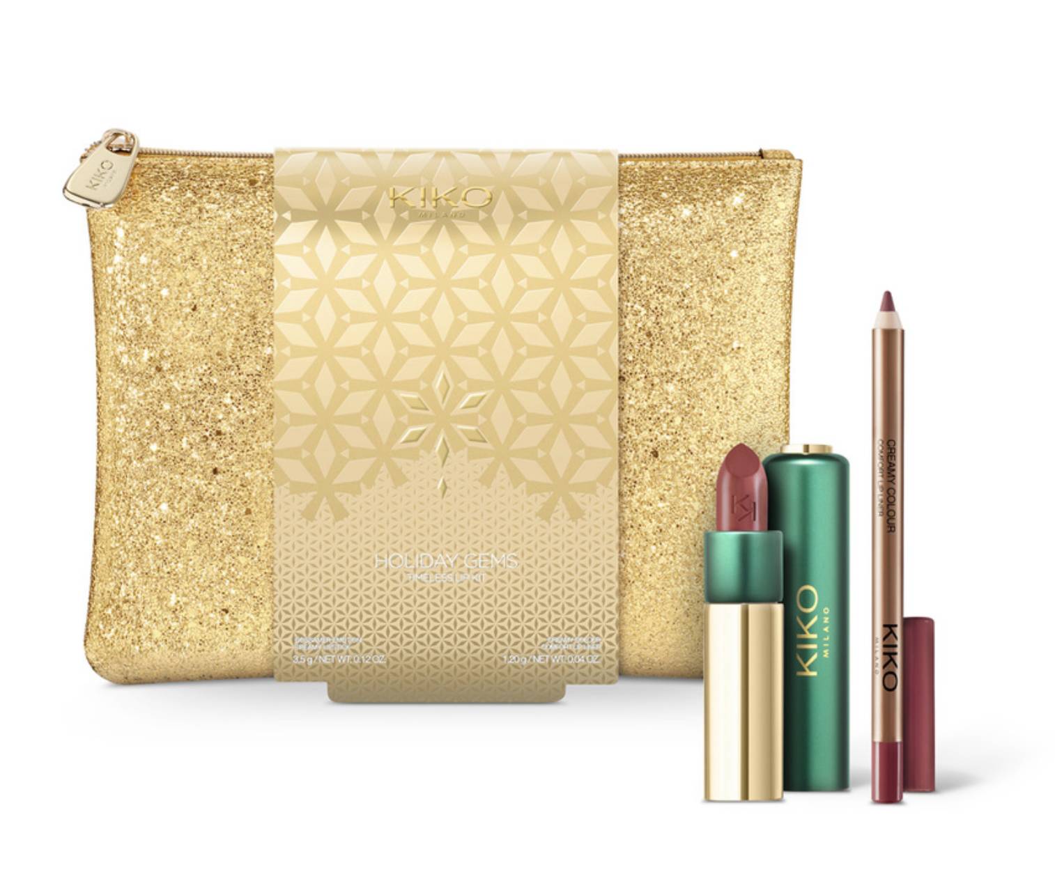 Подарочный набор: помада, карандаш и косметичка Holiday Gems Timeless Lip Kit Kiko Milano 3 шт