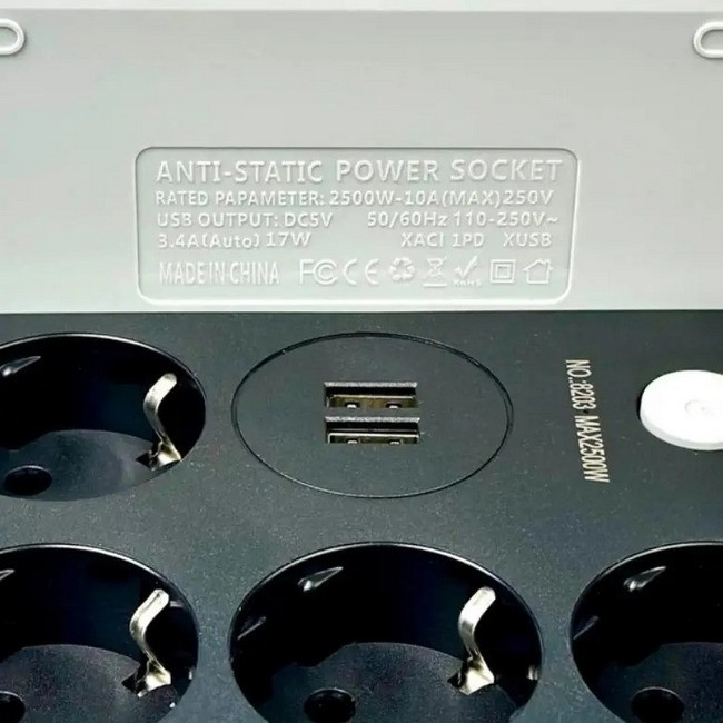 Удлинитель с USB Power Socket CNV 8203 2USB на 4 розетки 2 м Black
