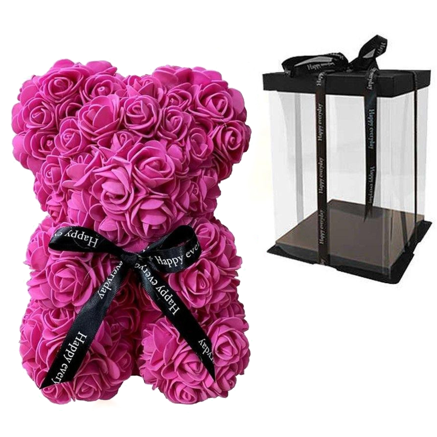 Ведмедик із червоних троянд 25 см у подарунковій коробці 3D Teddy Flower Оригінальний подарунок дівчині у подарунковій упаковці Рожевий+Кулон I love you