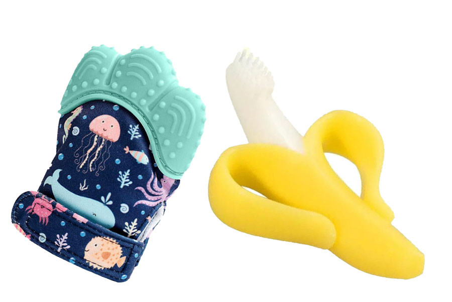 Силіконовий прорізувач-рукавичка для зубів Бірюзовий + Прорізувач-щітка Банан (vol-1315)
