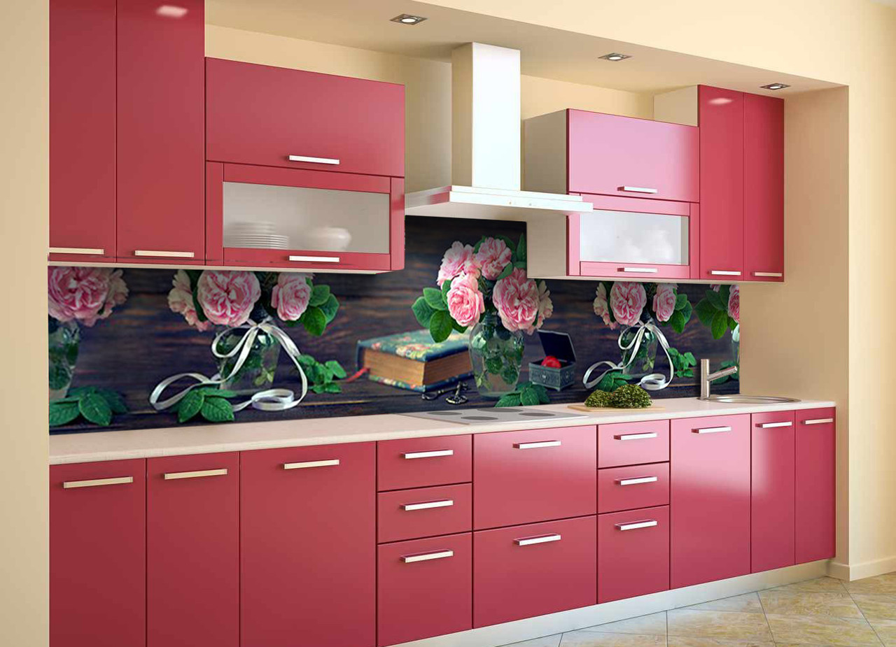 Наклейка на скинали Zatarga на кухню «Розовые Розы 3Д» 600х3000 мм виниловая 3Д наклейка кухонный фартук самоклеящаяся Z180812/2