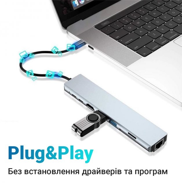 Хаб концентратор 8в1 USB Type-C переходник HDMI SD TF RJ45 Серый