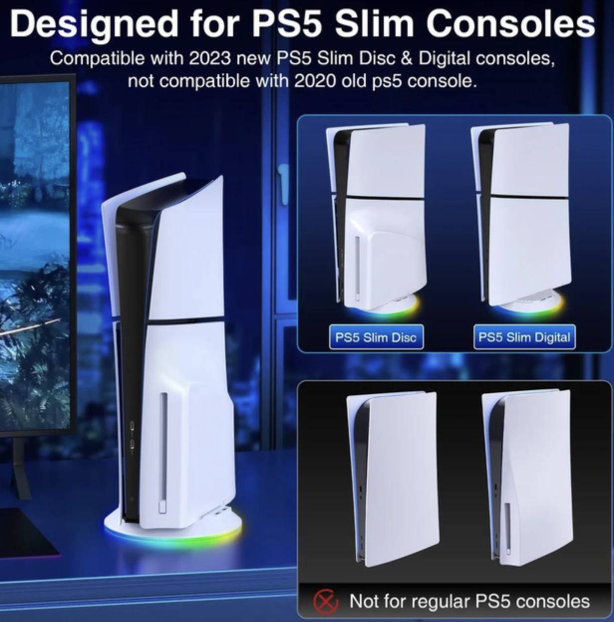 Вертикальный стенд BebonCool для Sony PlayStation Slim с RGB подсветкой и 2 USB Hub Белый