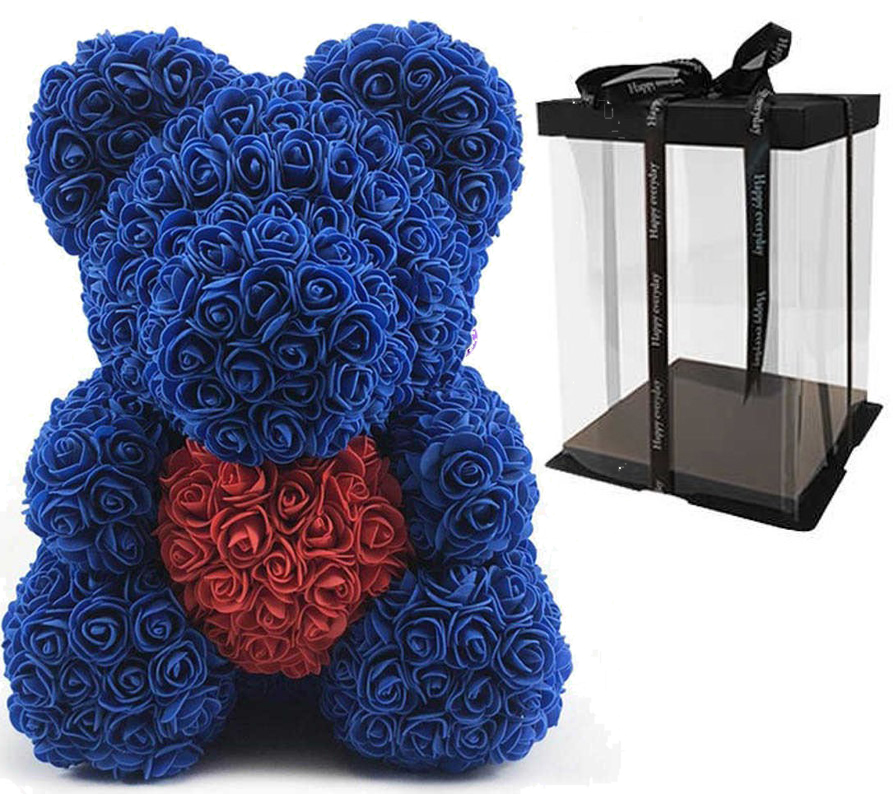 Ведмедик із троянд із серцем 40 см у подарунковій коробці 3D Teddy Flower Оригінальний подарунок дівчині у подарунковій упаковці Синій+Кулон I love you