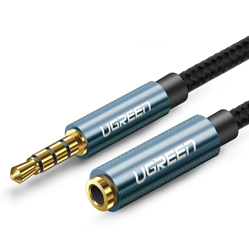 AUX 3.5mm удлинитель Ugreen AV118 аудио кабель, 4-pin, 1.5м Чёрный с синим